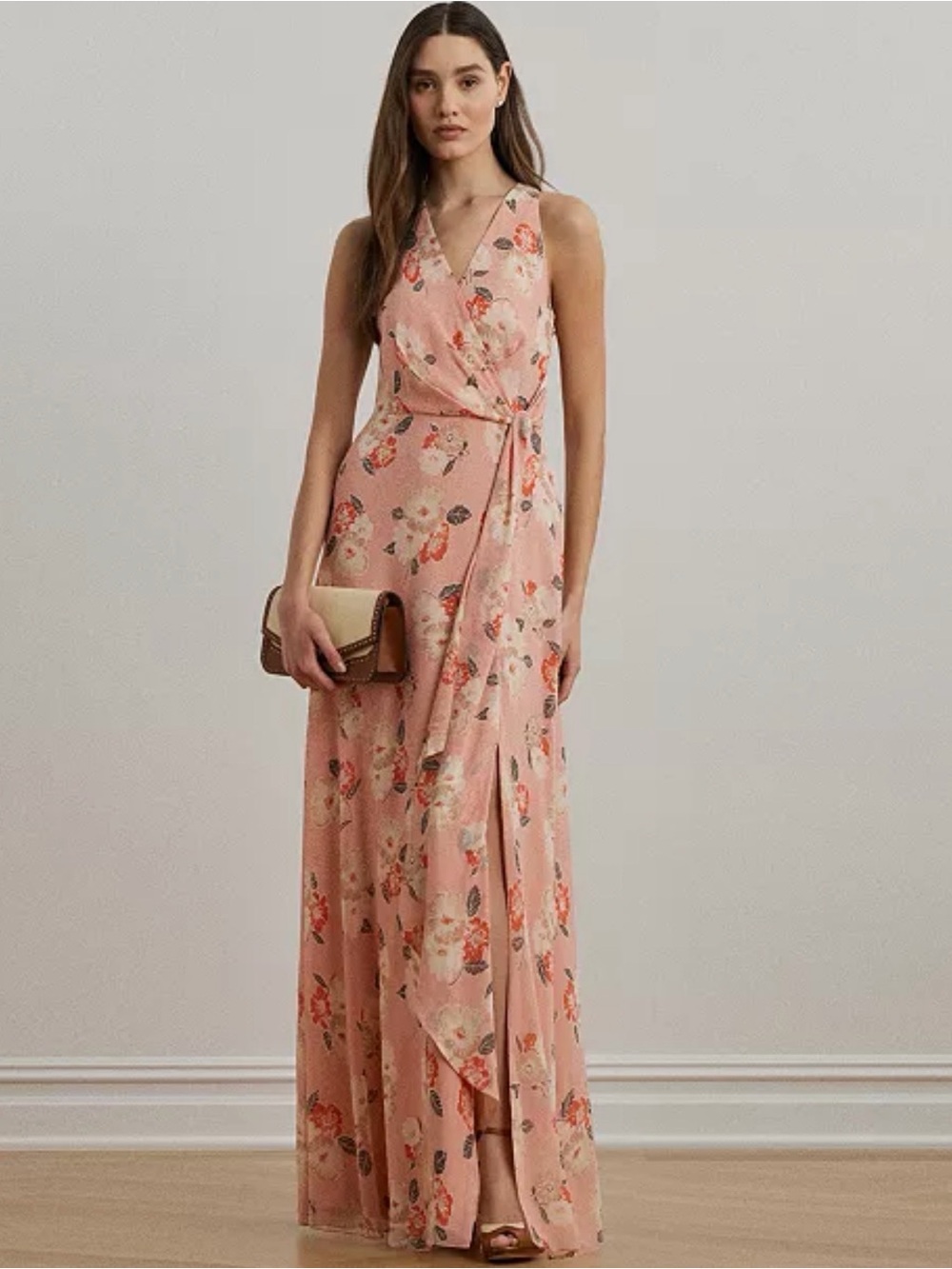Lauren Ralph Lauren Floral Ruffle-Trim Georgette Gown Pink Size 16 NWT 265$